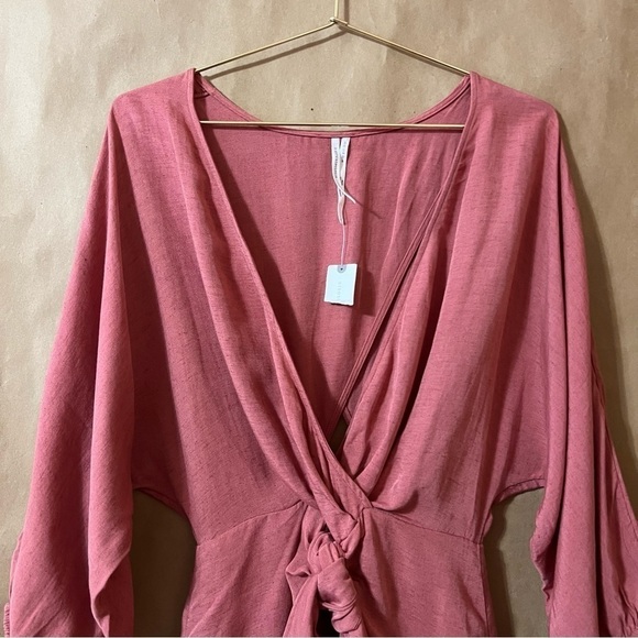 Anthropologie NWT Puff Sleeve Wrap Mini Dress Linen Blend Tie Front Pink Size 8 - Picture 6 of 16